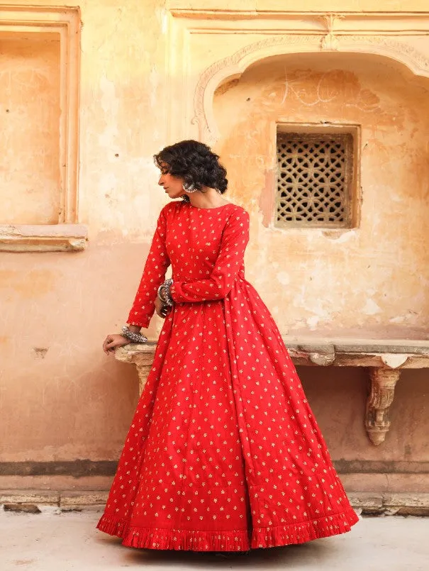 Daulat Red Embroidered Cotton Silk Gown