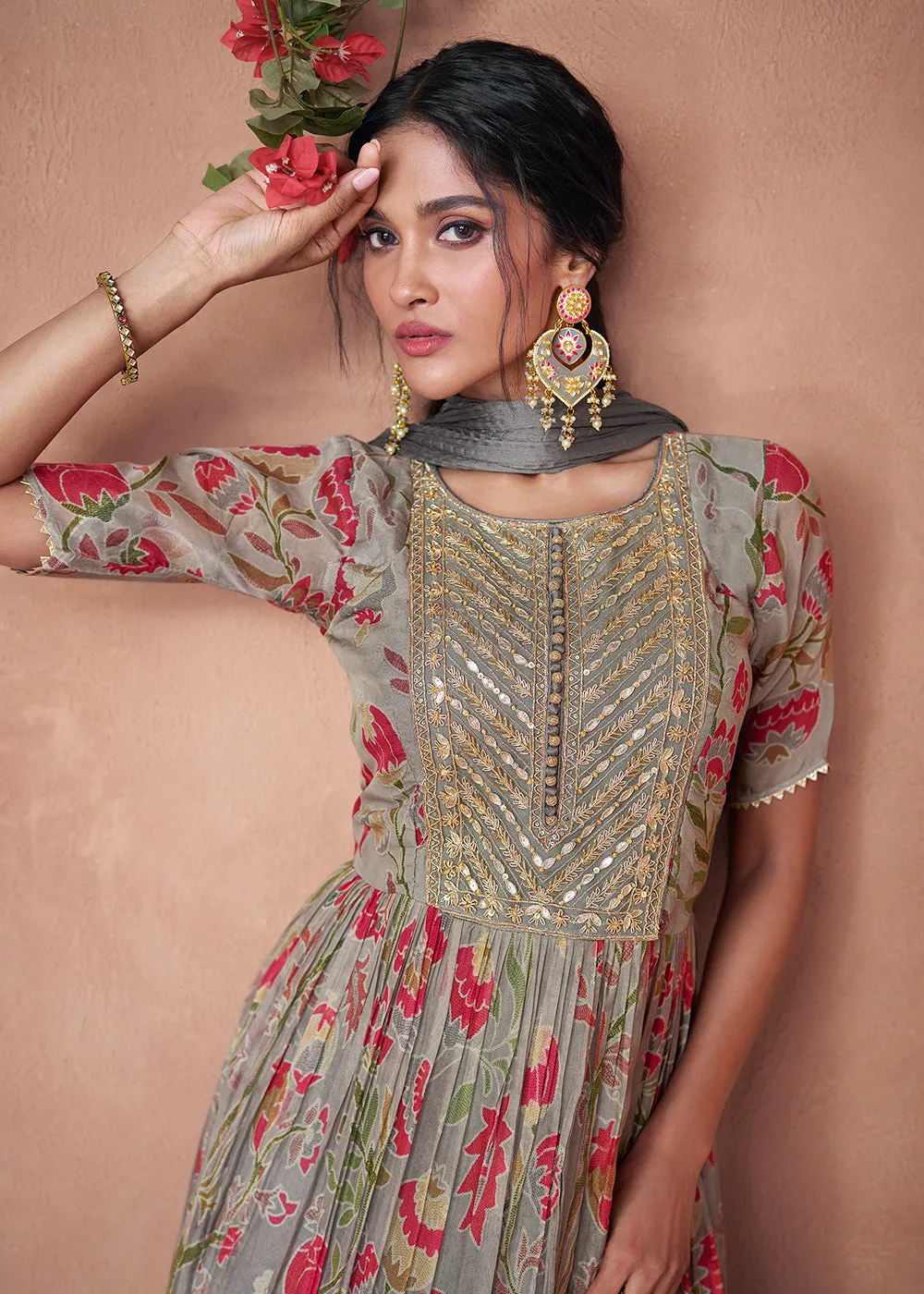 Digital Printed Ombre Grey Organza Silk Designer Anarkali Gown