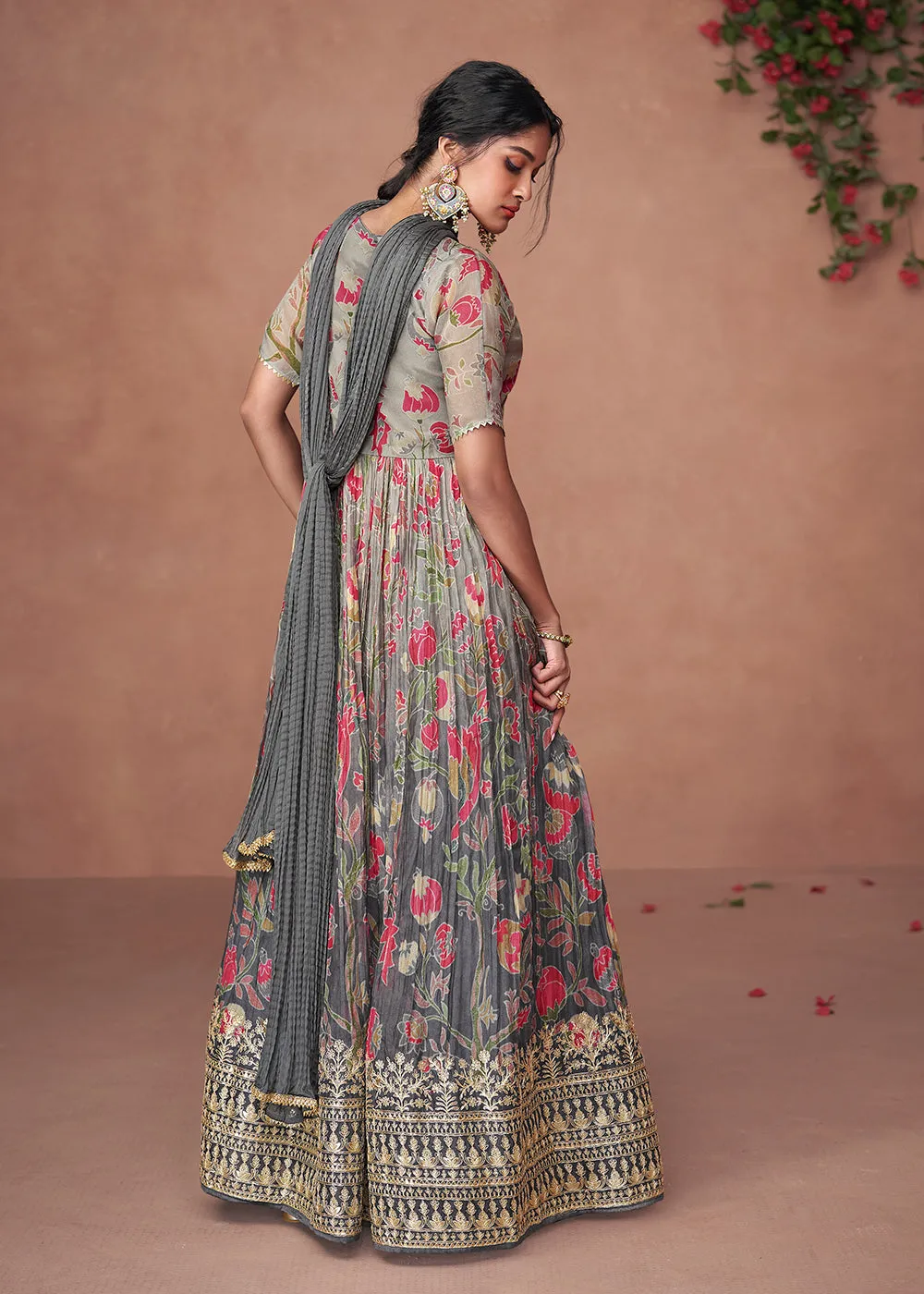 Digital Printed Ombre Grey Organza Silk Designer Anarkali Gown