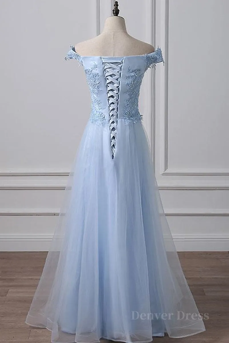 Elegant Off Shoulder Long Sky Blue Lace Prom Dress Off Shoulder Sky Blue Formal Dress Sky Blue Lace Evening Dress