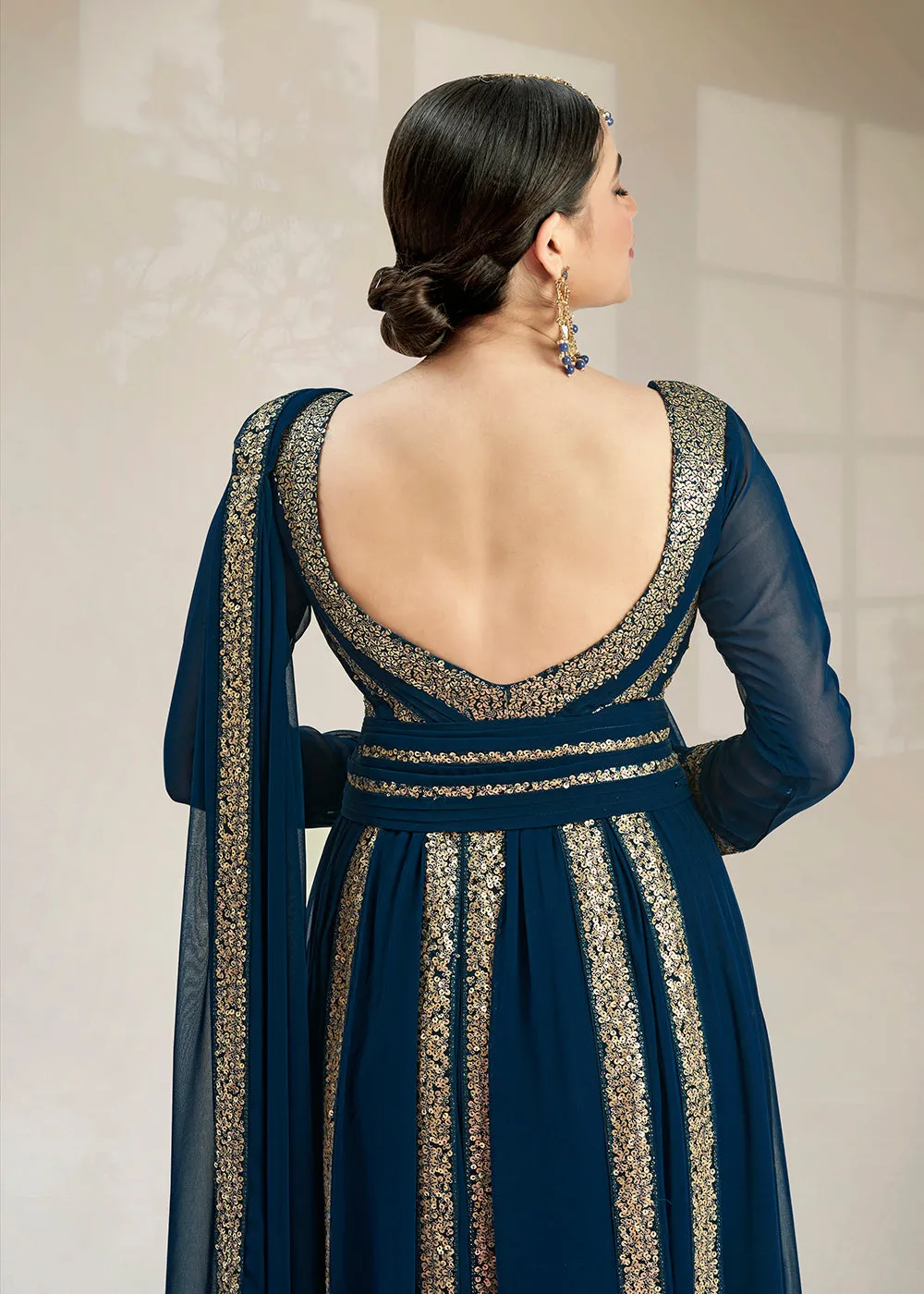 Fascinating Party Style Blue Gathered Style Anarkali Suit