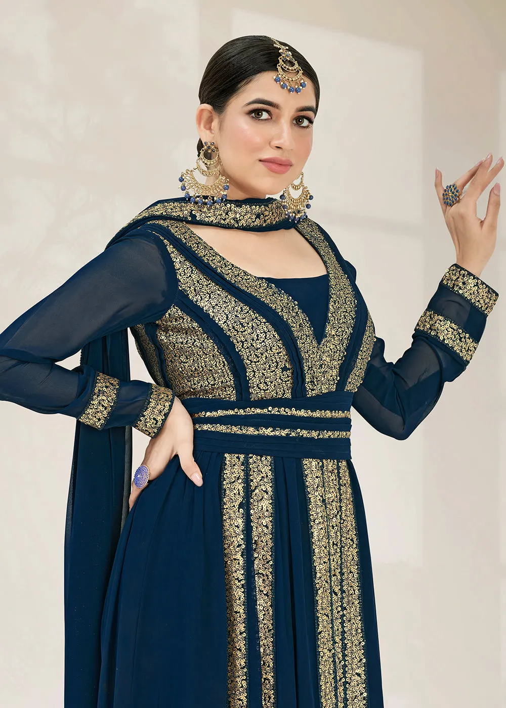 Fascinating Party Style Blue Gathered Style Anarkali Suit