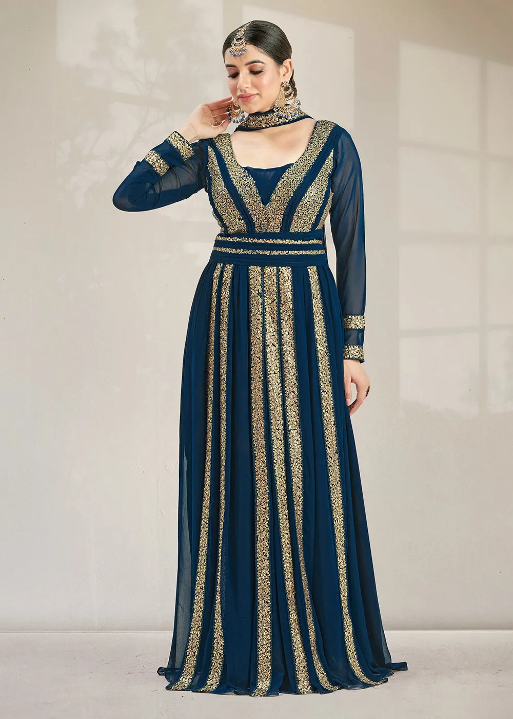 Fascinating Party Style Blue Gathered Style Anarkali Suit