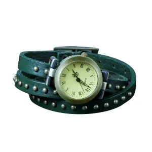 Fashionable Rivet Leather Belt Retro Watch Hand Chain-green