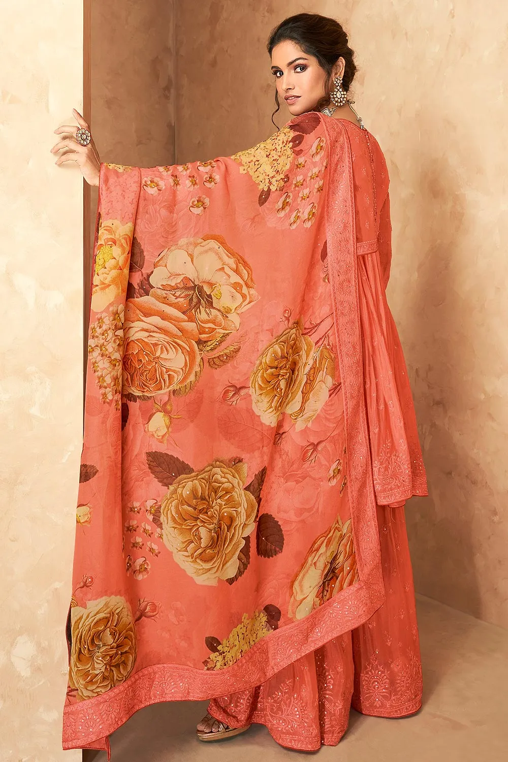 Faux Georgette Coral Peach Designer Sharara Suit