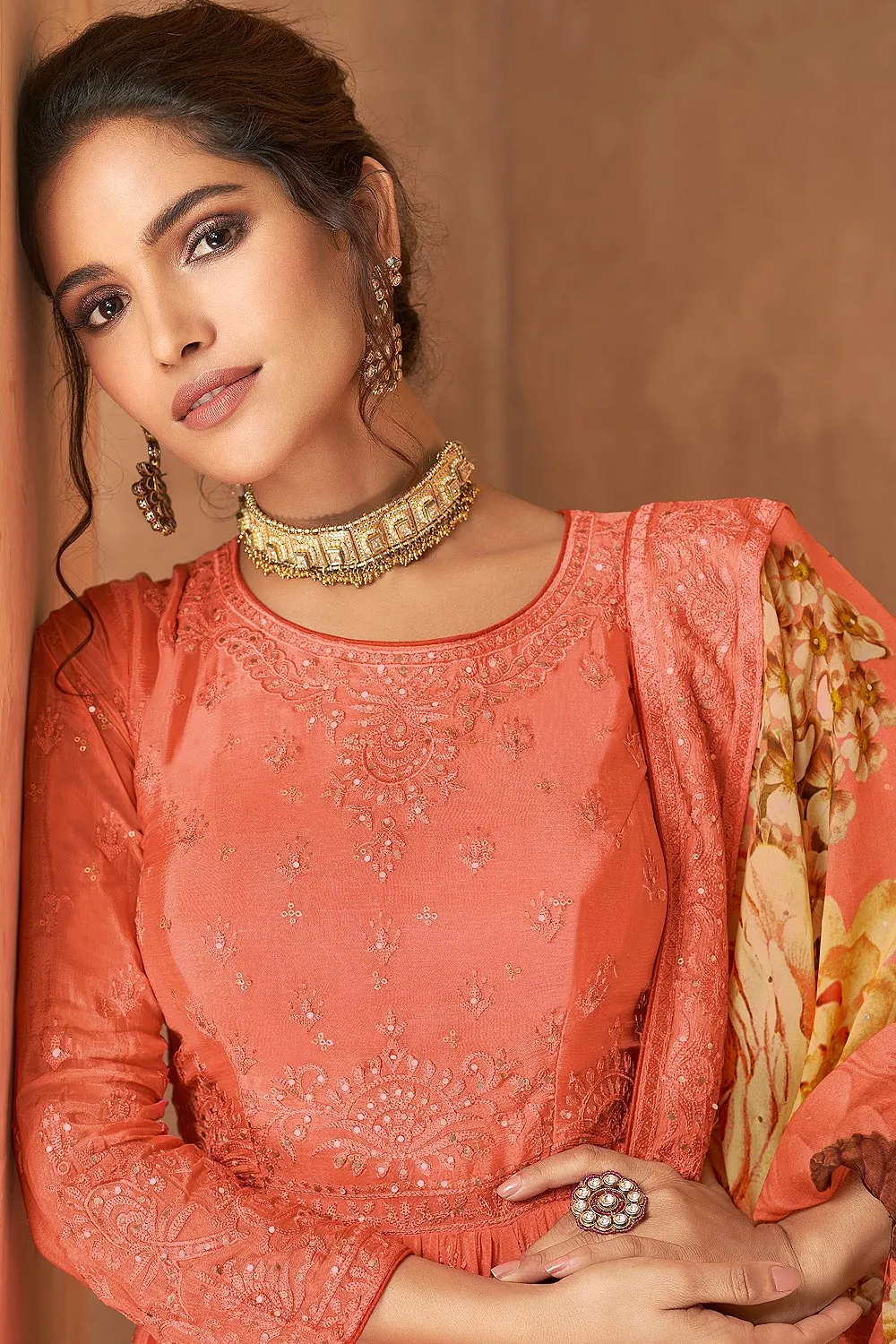 Faux Georgette Coral Peach Designer Sharara Suit