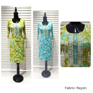 Floral Printed Reyon Kurti with Embroidered Front Panel