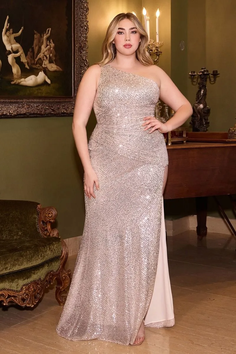 Forbidden Prom Dress Fitted One Shoulder Sequin Gown 74077XR-Platinum LaDivine CH077 Cinderella Divine CH077