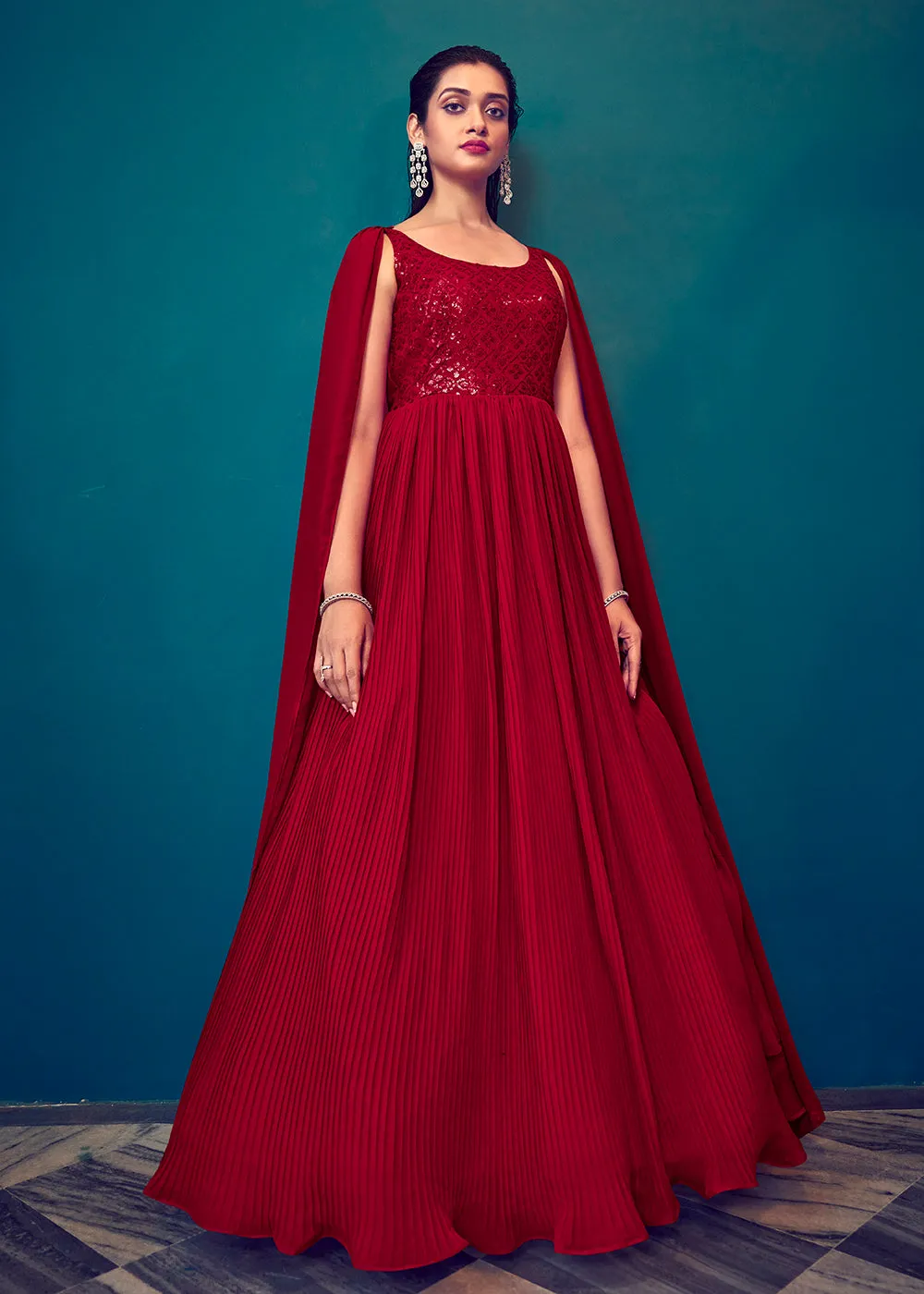 Georgette Pretty Red Sequins & Thread Party Wear Gown