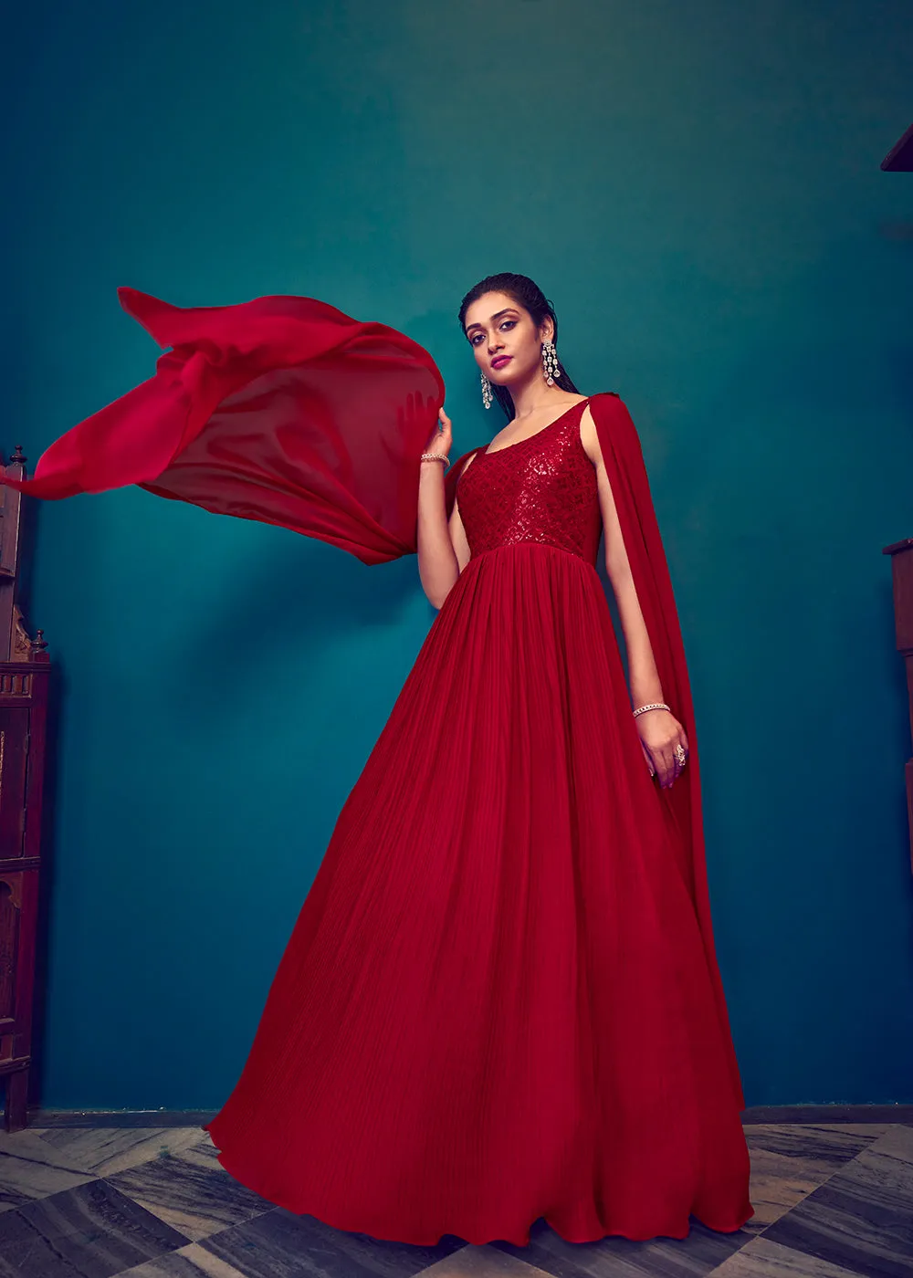 Georgette Pretty Red Sequins & Thread Party Wear Gown