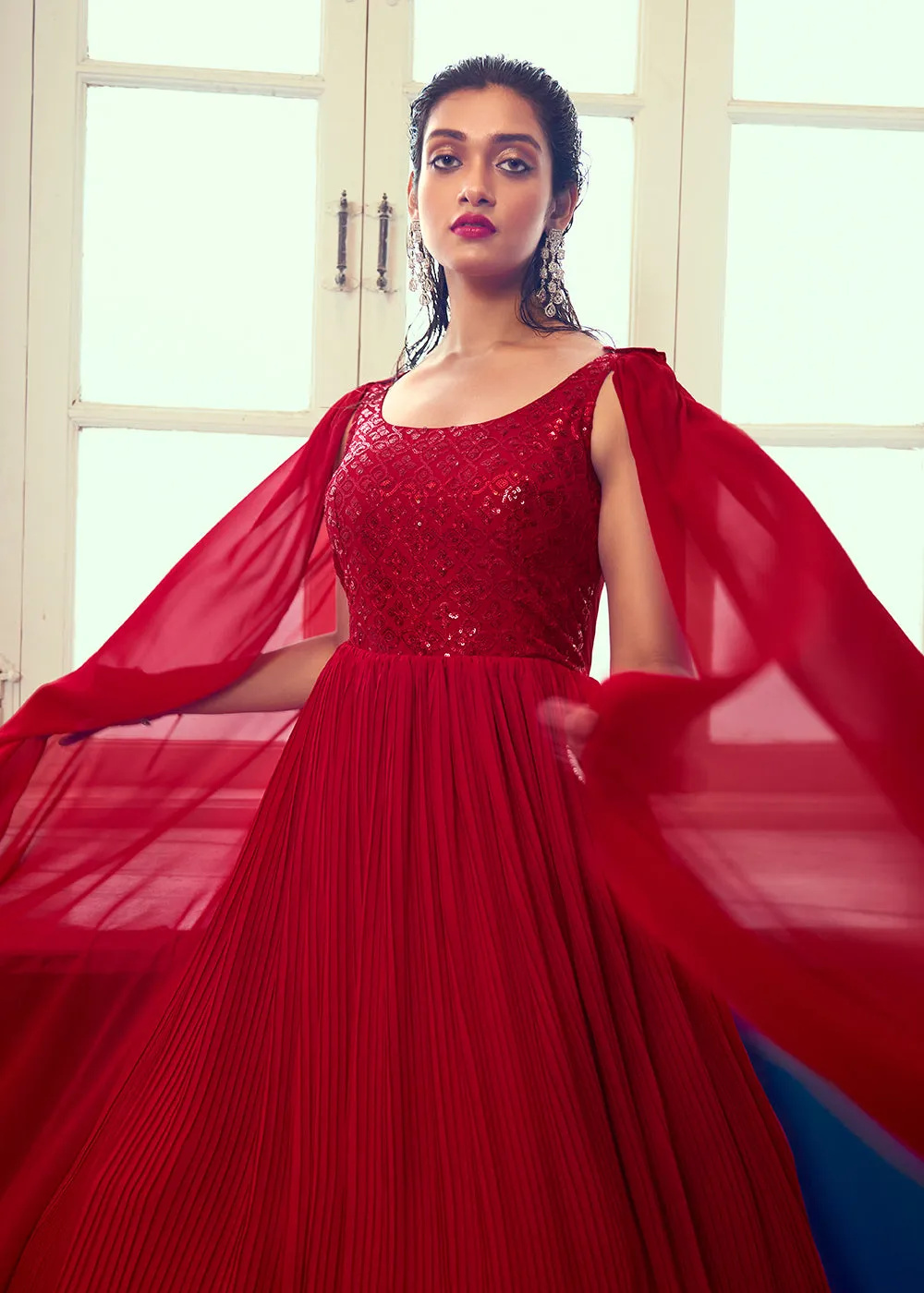 Georgette Pretty Red Sequins & Thread Party Wear Gown