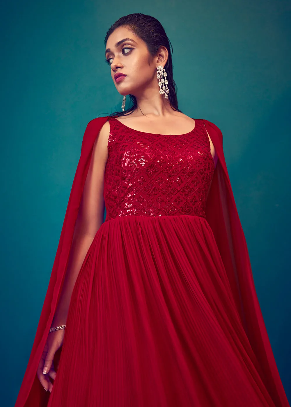 Georgette Pretty Red Sequins & Thread Party Wear Gown