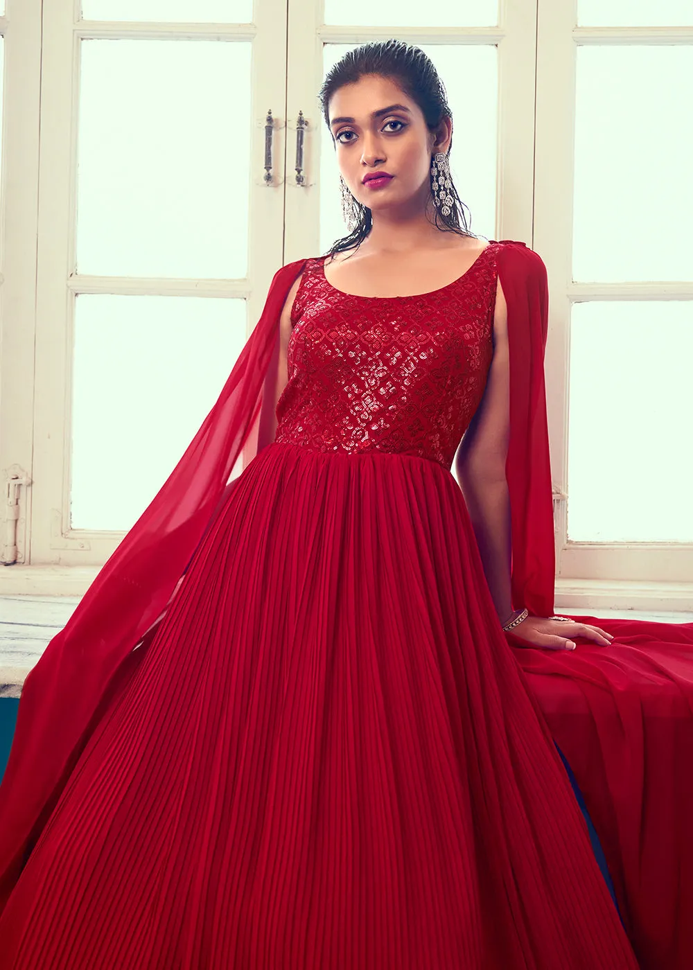 Georgette Pretty Red Sequins & Thread Party Wear Gown