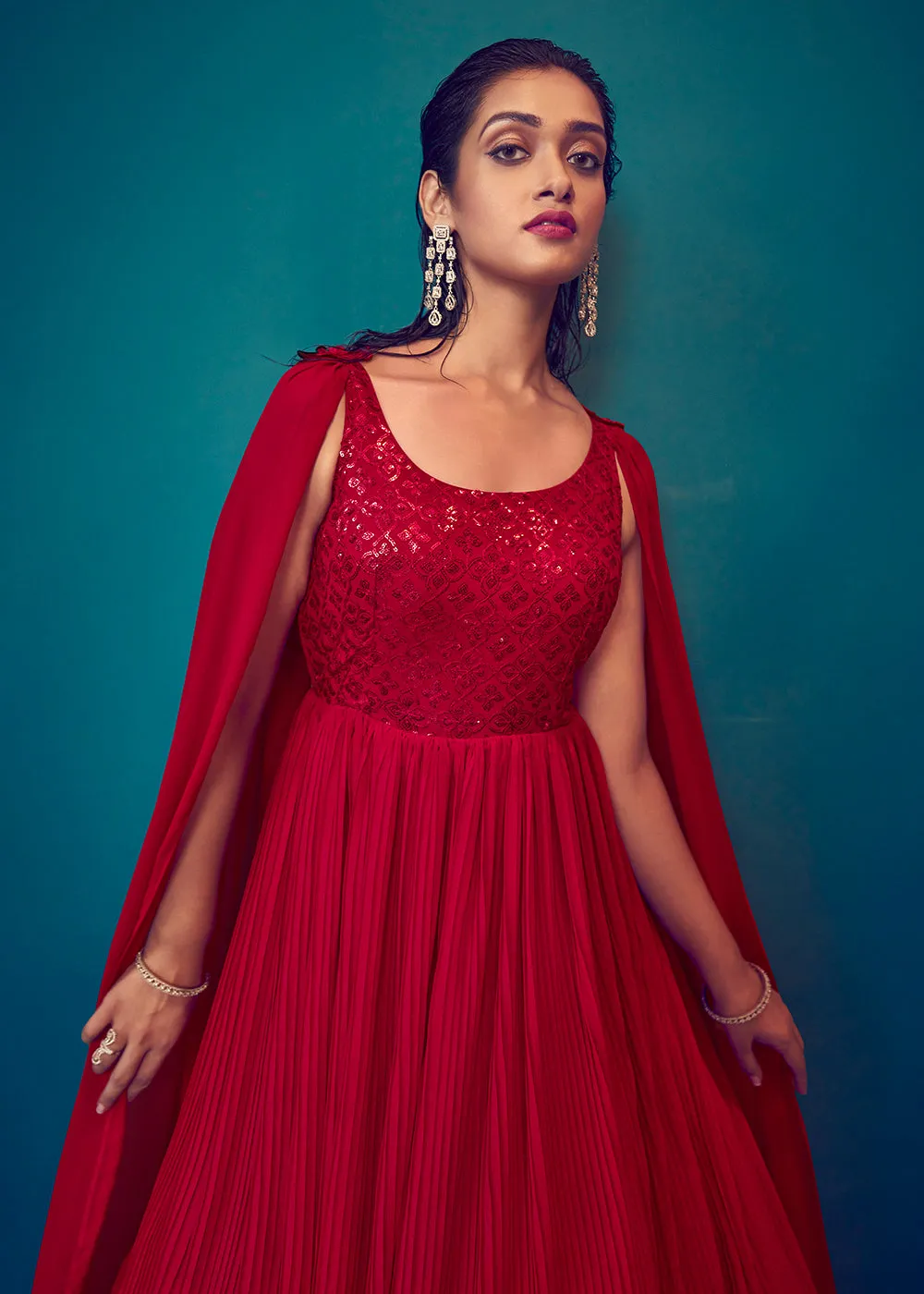 Georgette Pretty Red Sequins & Thread Party Wear Gown