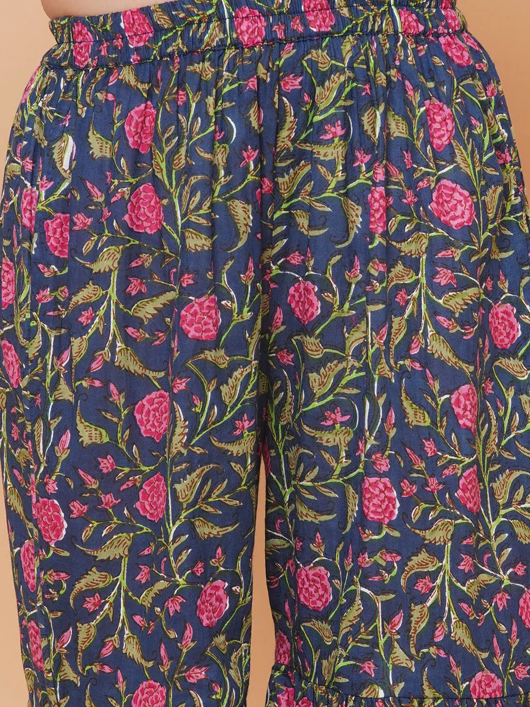 Girls Blue Floral Printed Angrakha Gotta Patti Kurta Sharara set With Dupatta