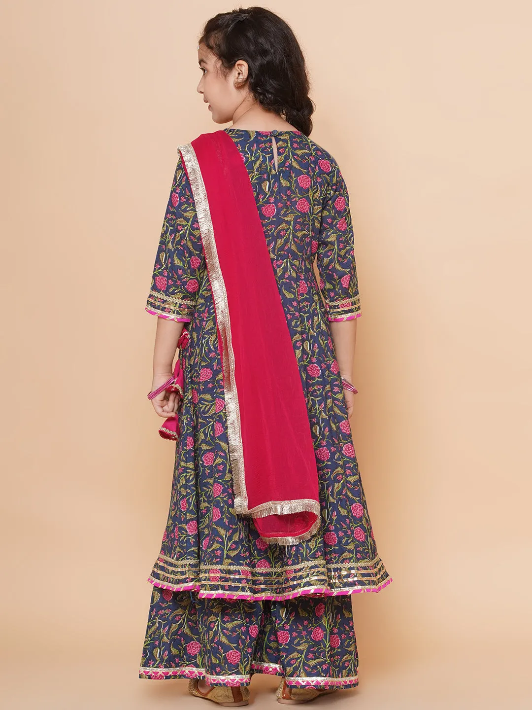 Girls Blue Floral Printed Angrakha Gotta Patti Kurta Sharara set With Dupatta