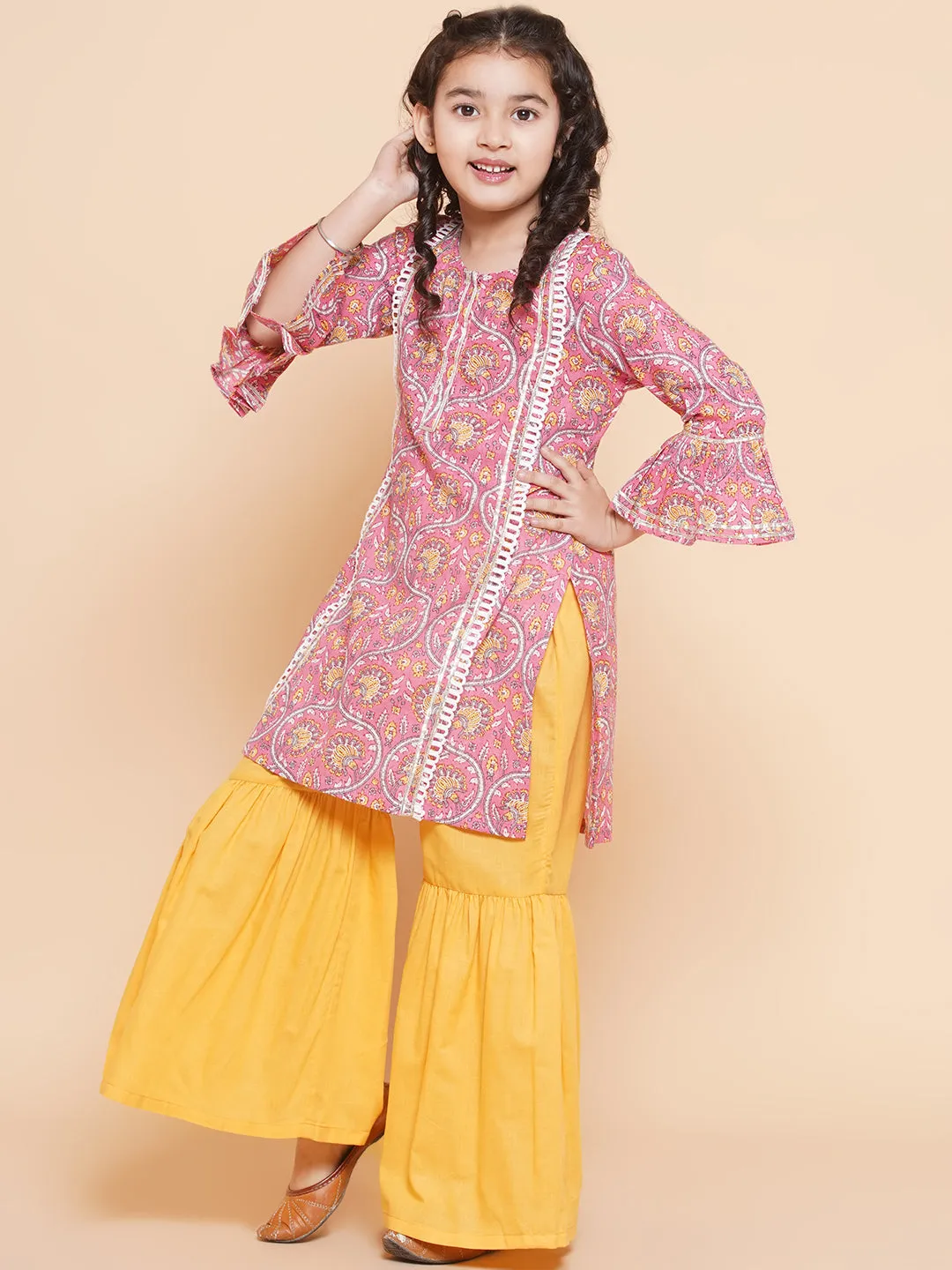 Girls Pink Floral Printed Panelled Pure Cotton Kurta With Sharara