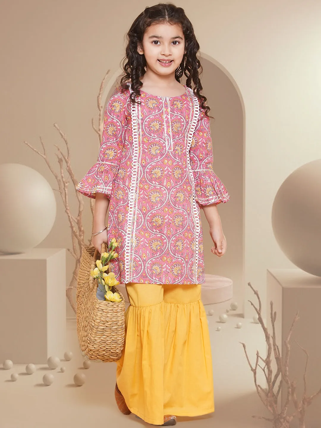 Girls Pink Floral Printed Panelled Pure Cotton Kurta With Sharara