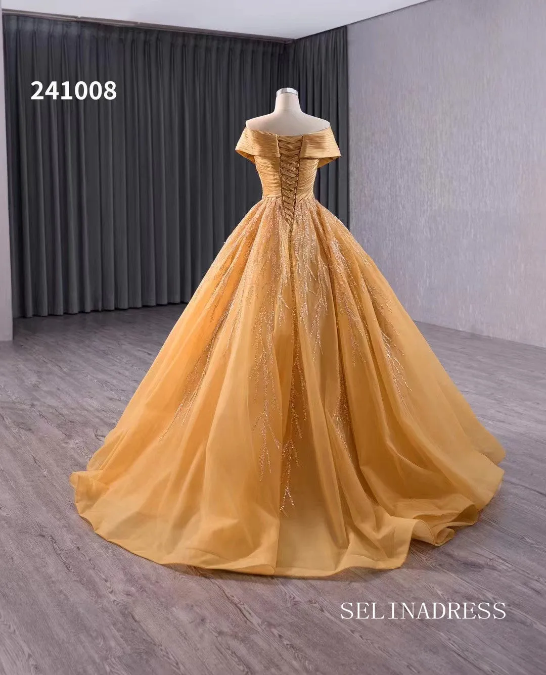 Gold Beaded Wedding Dress Off the Shoulder Ball Gown Quinceanera Dress 241008