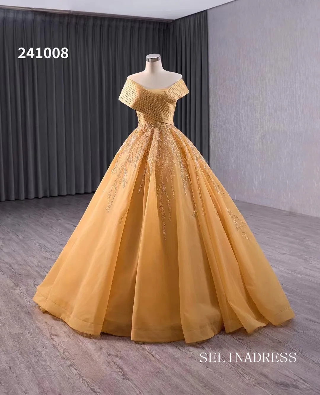 Gold Beaded Wedding Dress Off the Shoulder Ball Gown Quinceanera Dress 241008