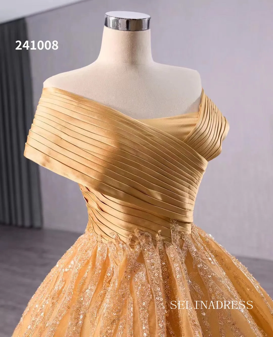 Gold Beaded Wedding Dress Off the Shoulder Ball Gown Quinceanera Dress 241008