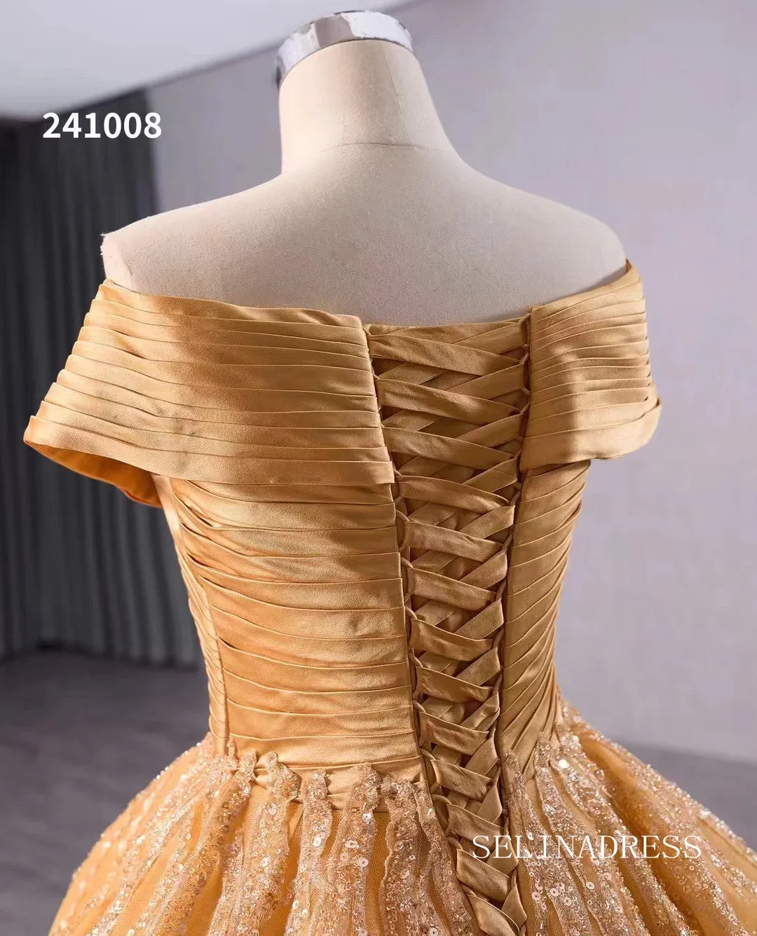 Gold Beaded Wedding Dress Off the Shoulder Ball Gown Quinceanera Dress 241008