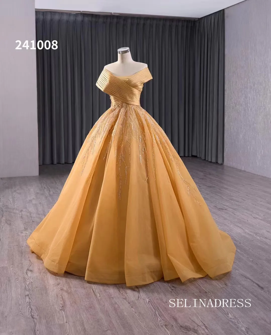 Gold Beaded Wedding Dress Off the Shoulder Ball Gown Quinceanera Dress 241008