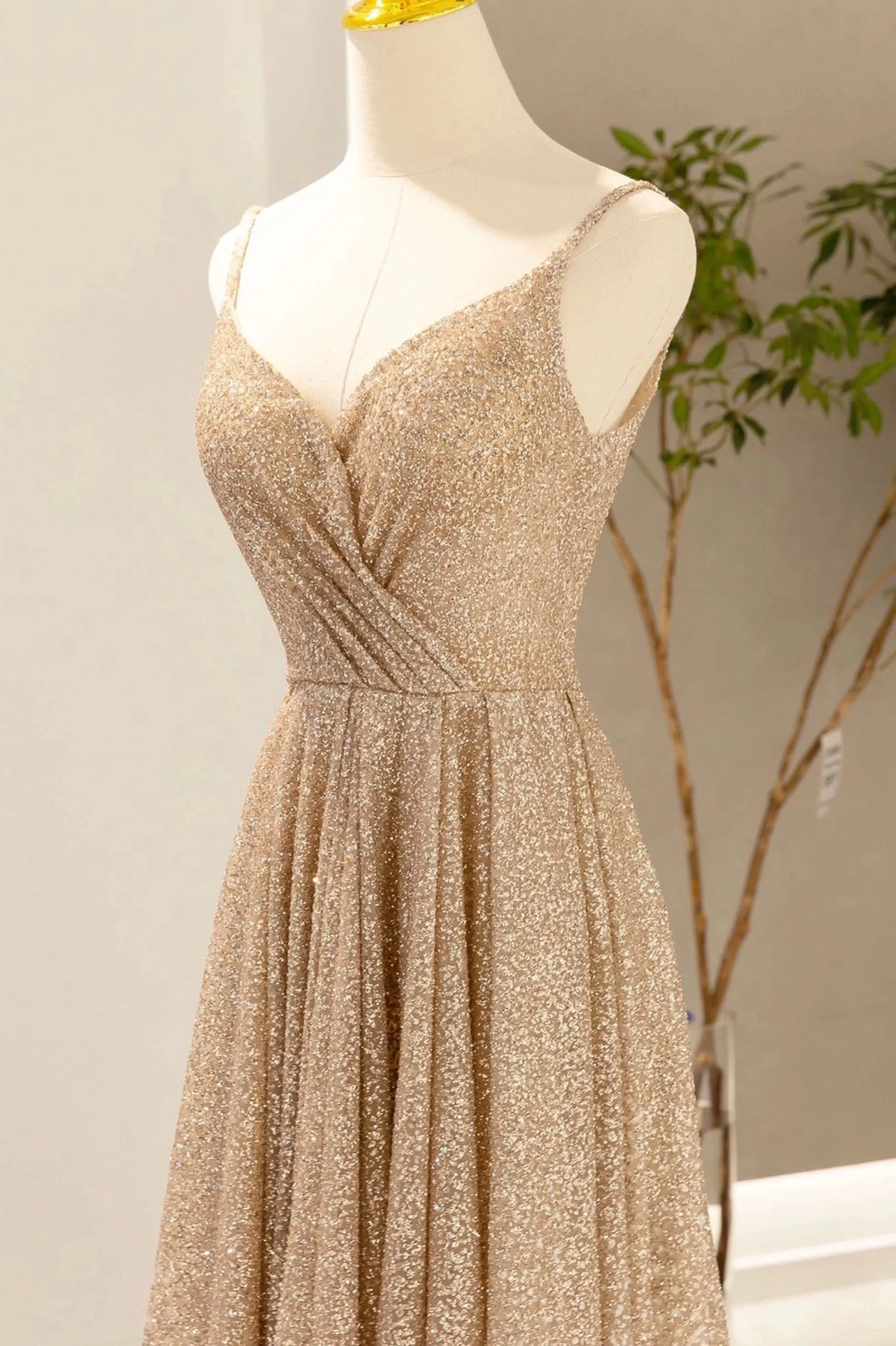 Gold V-Neck Sequins Long Prom Dress, Shiny A-Line Evening Formal Dress