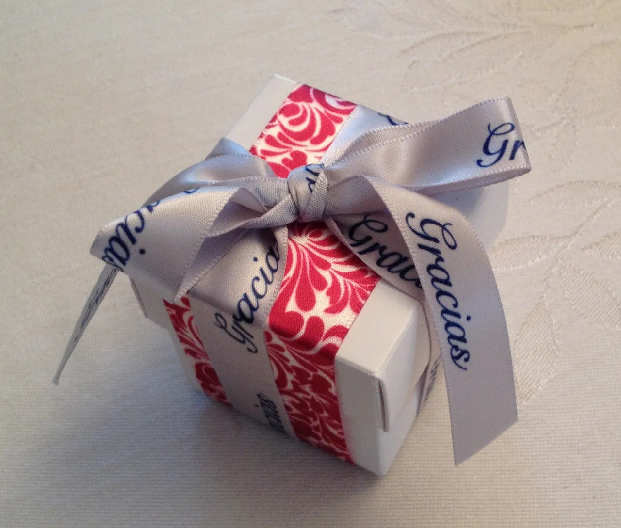 Gracias Ribbon Navy Blue Ink on 5/8" wide Gray Satin Ribbon