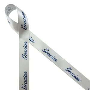 Gracias Ribbon Navy Blue Ink on 5/8" wide Gray Satin Ribbon