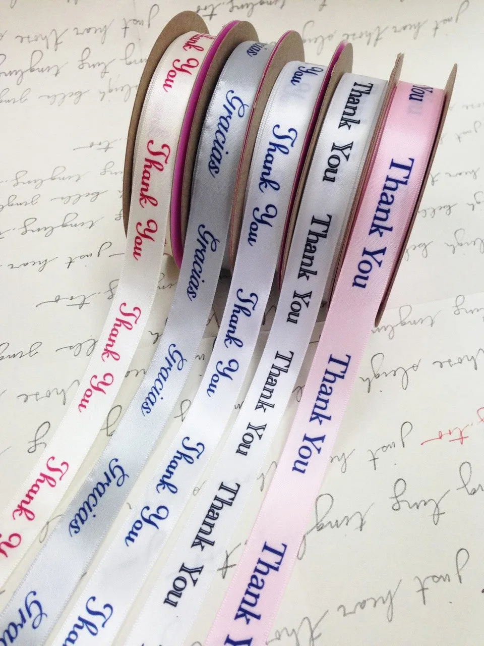 Gracias Ribbon Navy Blue Ink on 5/8" wide Gray Satin Ribbon
