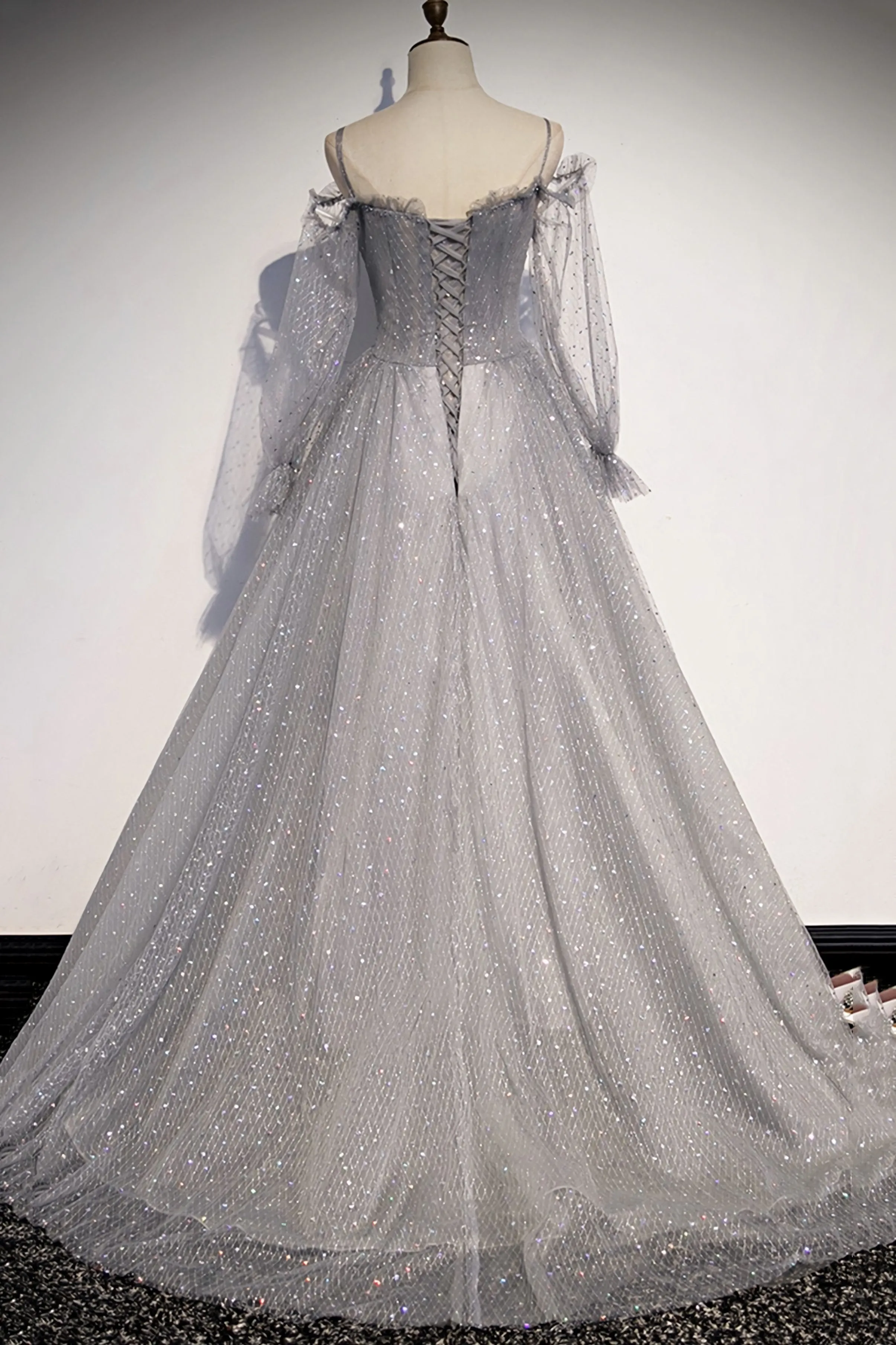 Gray Tulle Sequins Long A Line Prom Dress Evening Dress