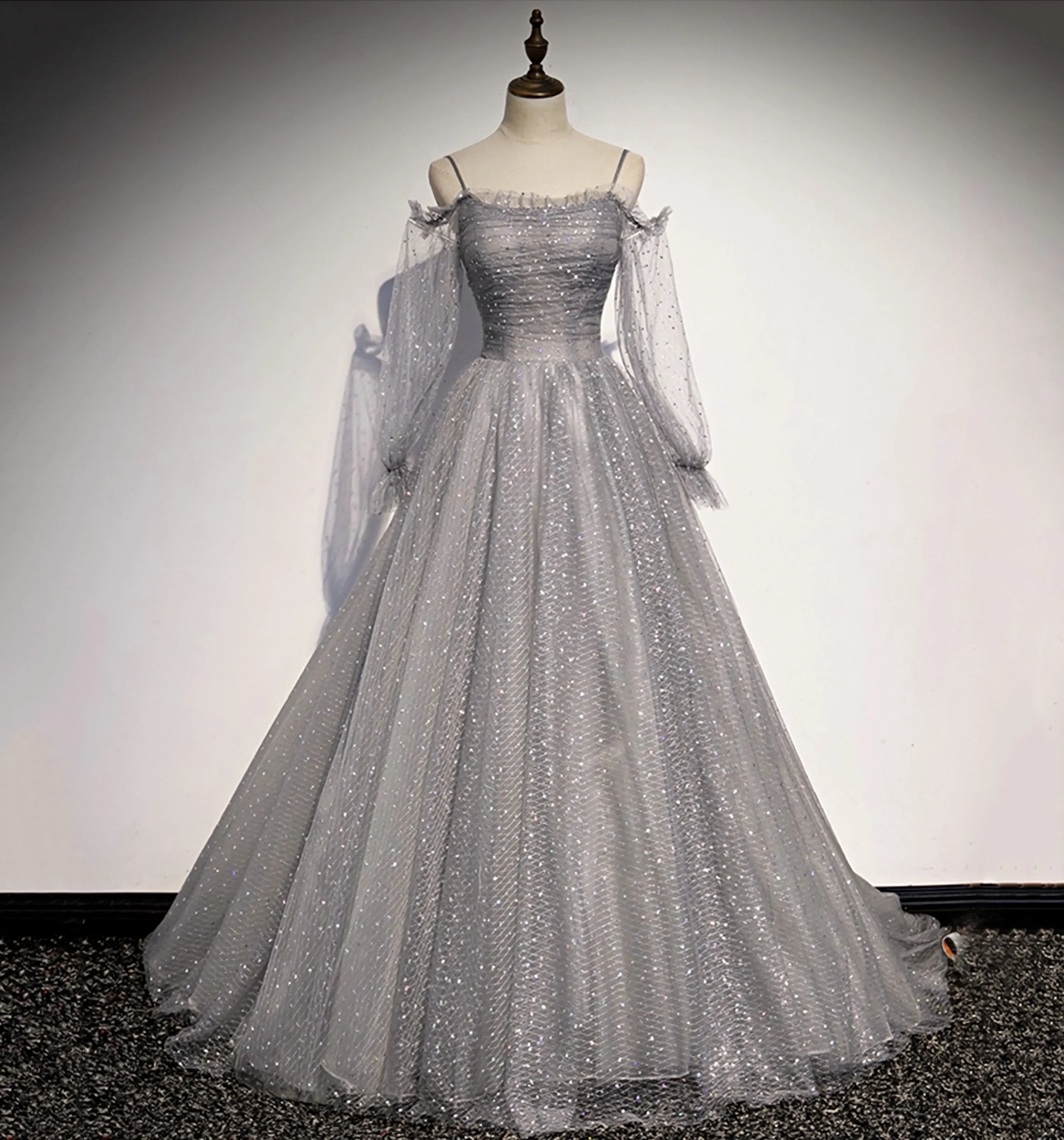 Gray Tulle Sequins Long A Line Prom Dress Evening Dress