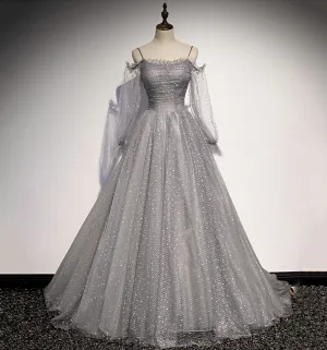 Gray Tulle Sequins Long A Line Prom Dress Evening Dress