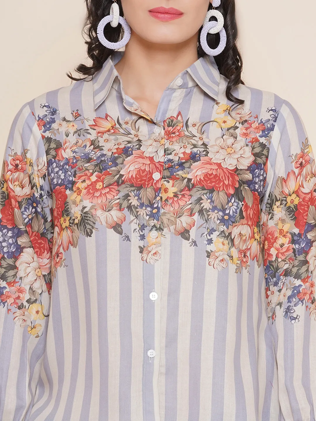 Grey Floral Printed Shirt Style Top