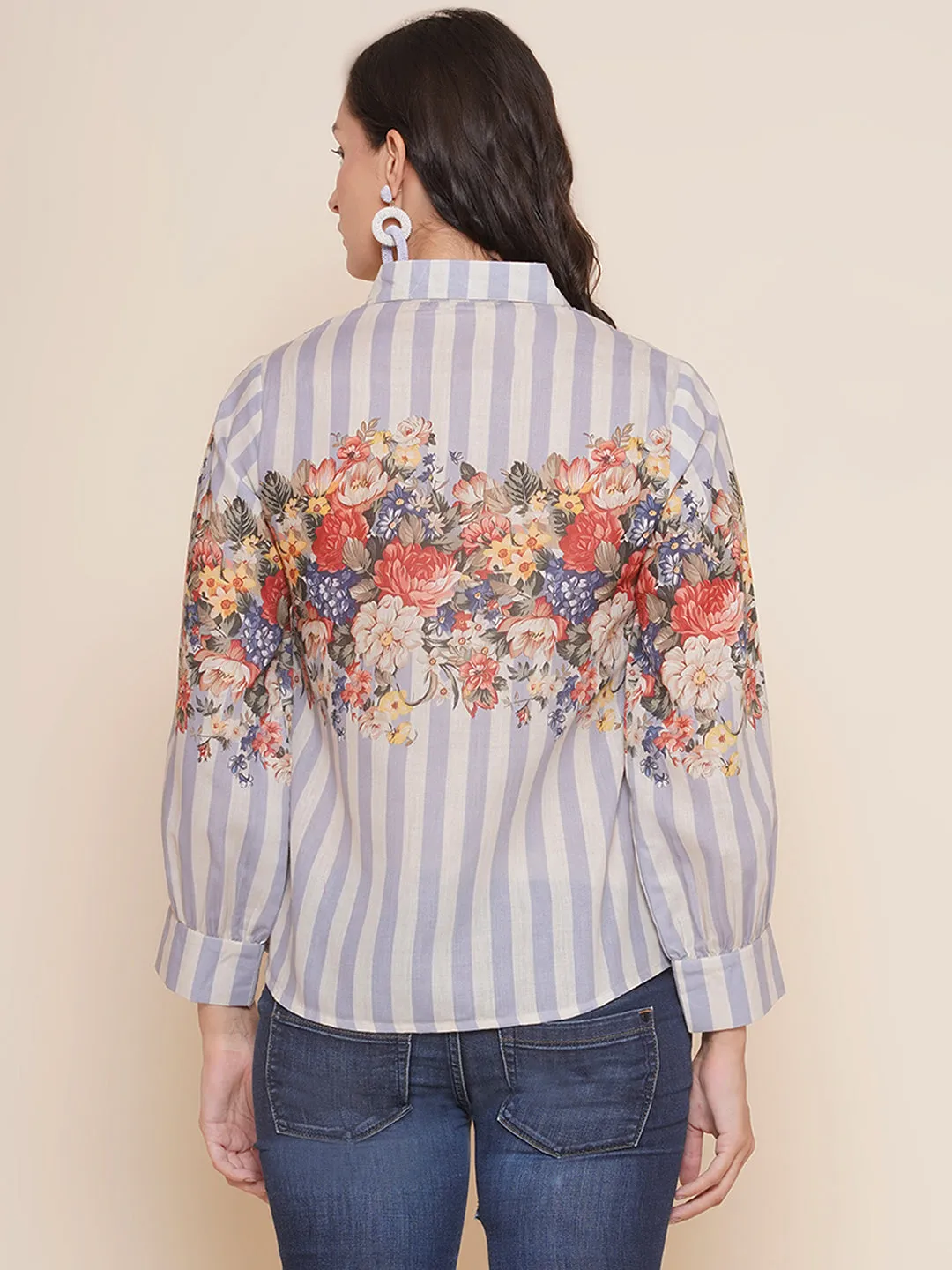 Grey Floral Printed Shirt Style Top