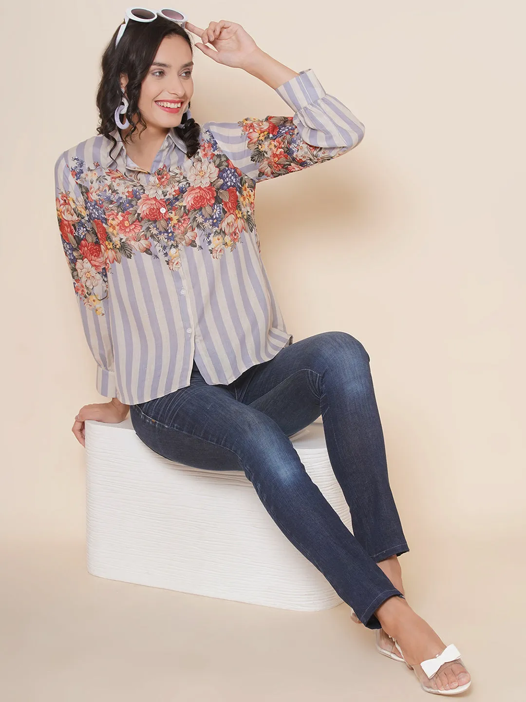 Grey Floral Printed Shirt Style Top