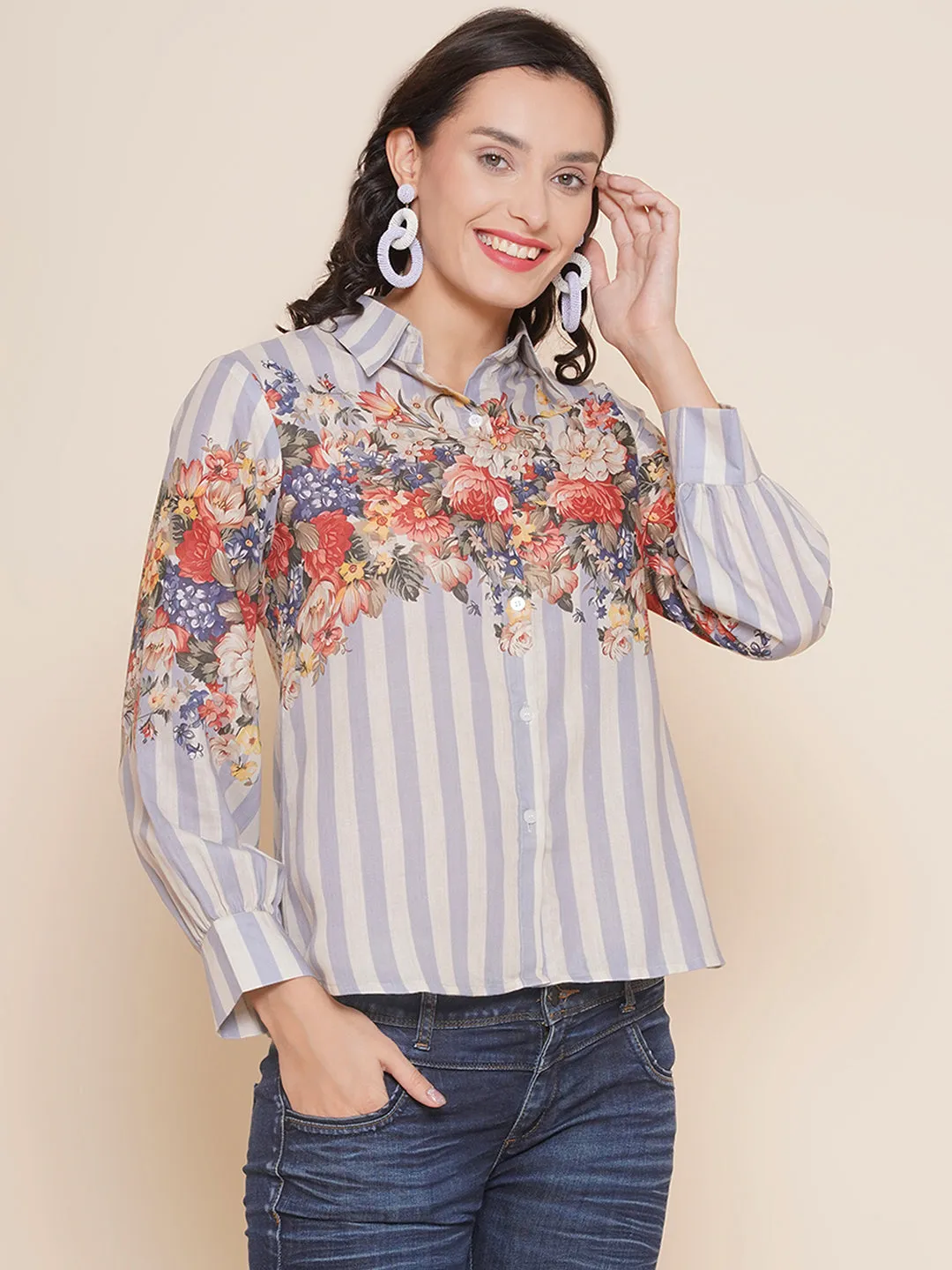 Grey Floral Printed Shirt Style Top