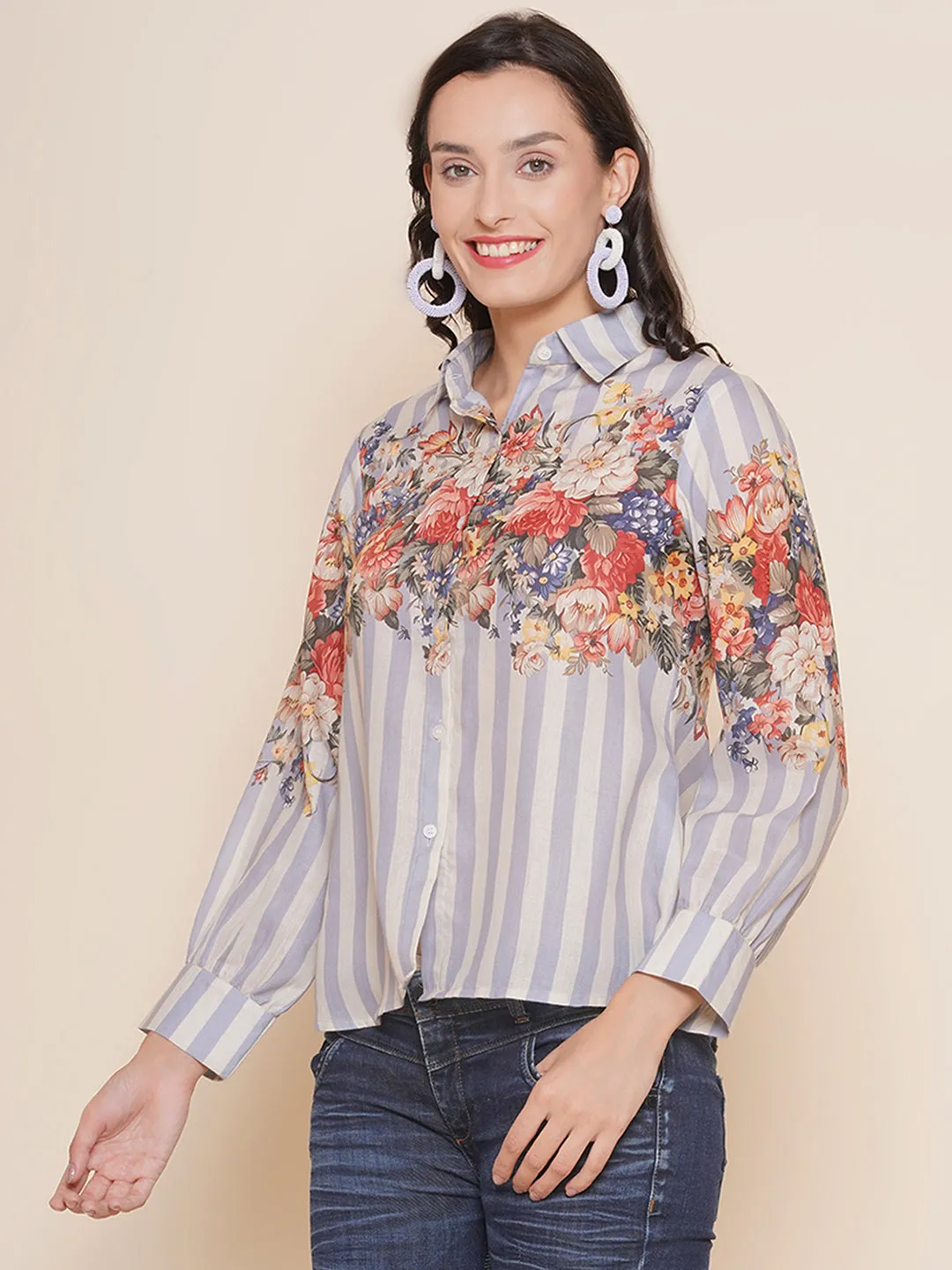 Grey Floral Printed Shirt Style Top