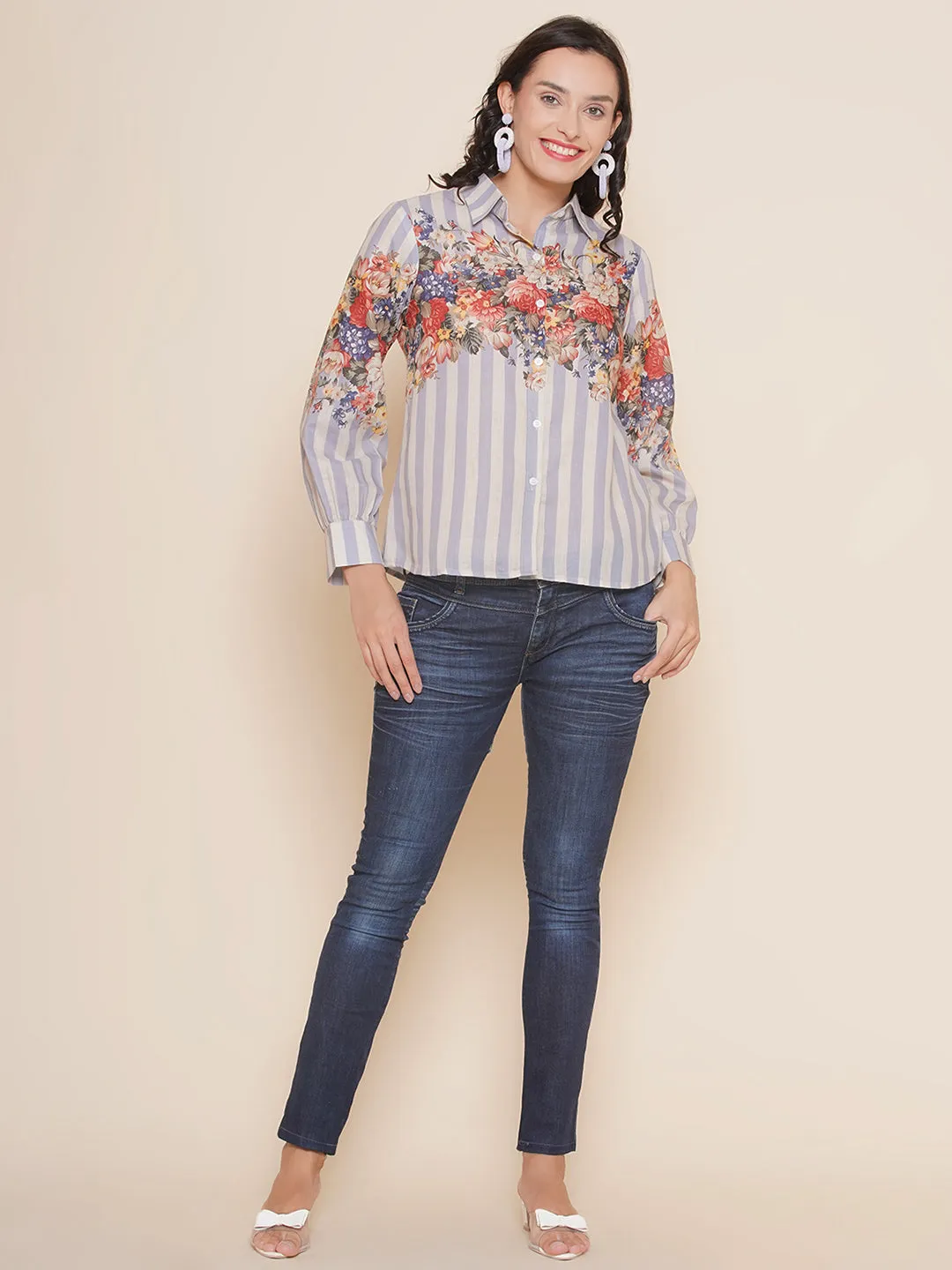 Grey Floral Printed Shirt Style Top