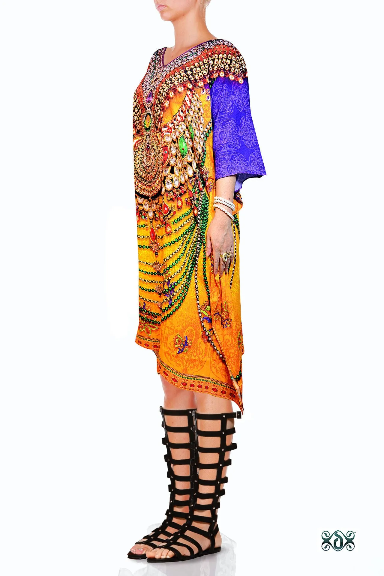 INDICA MAGNIFICA Yellow Majestic Ornate Devarshy Pure Silk Short Kaftan