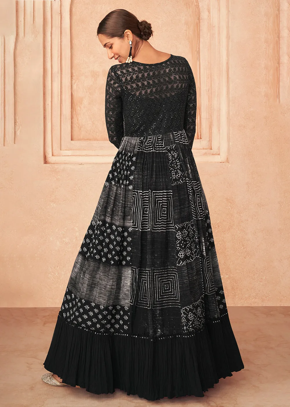 Inventive Black Georgette Embroidered Wedding Wear Gown