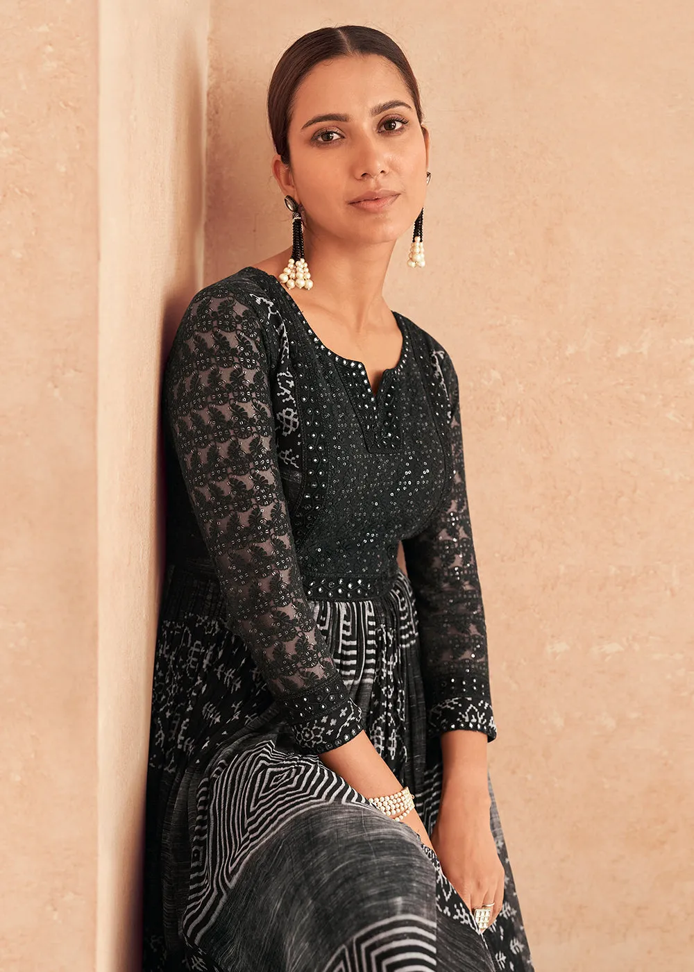 Inventive Black Georgette Embroidered Wedding Wear Gown