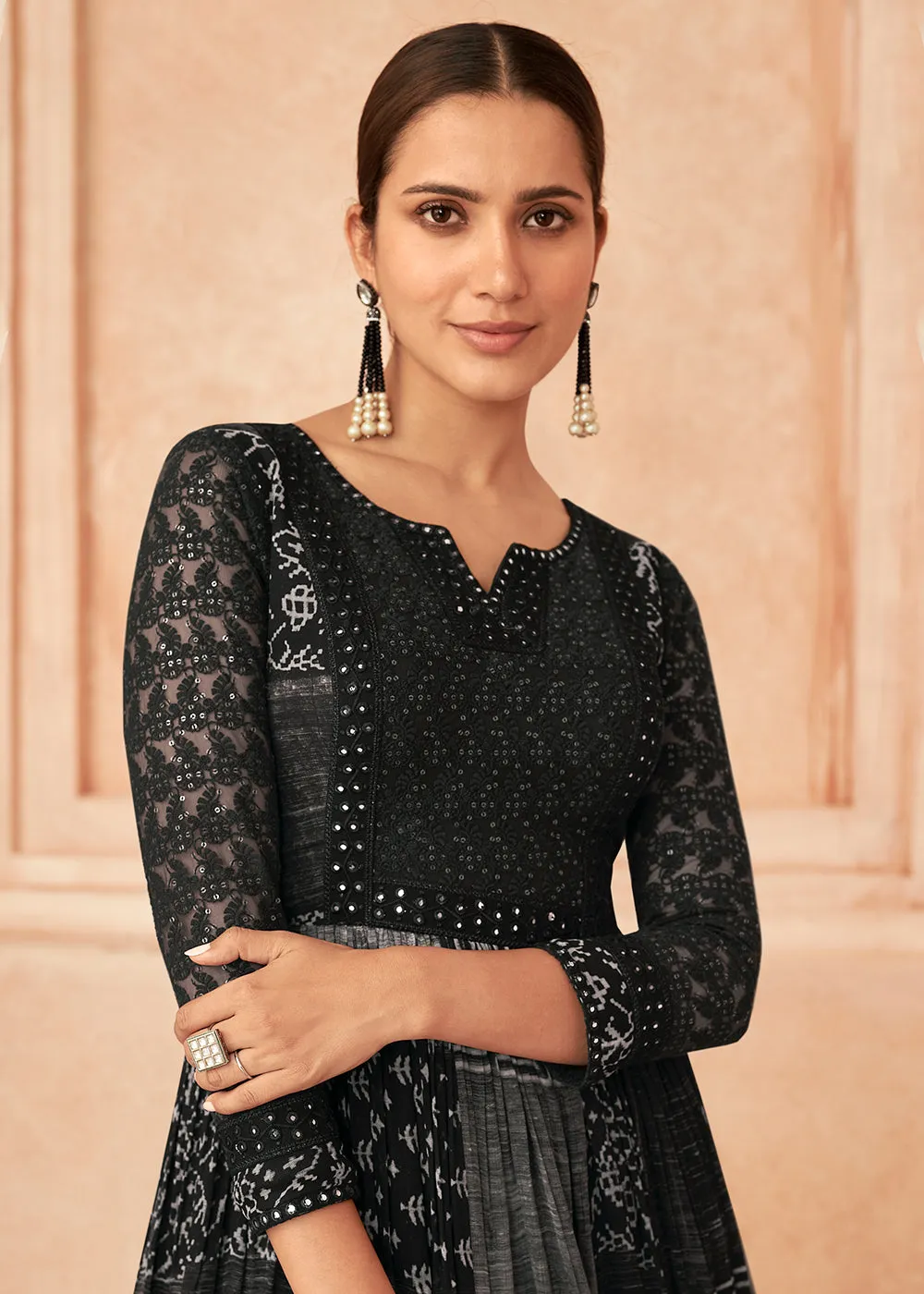 Inventive Black Georgette Embroidered Wedding Wear Gown