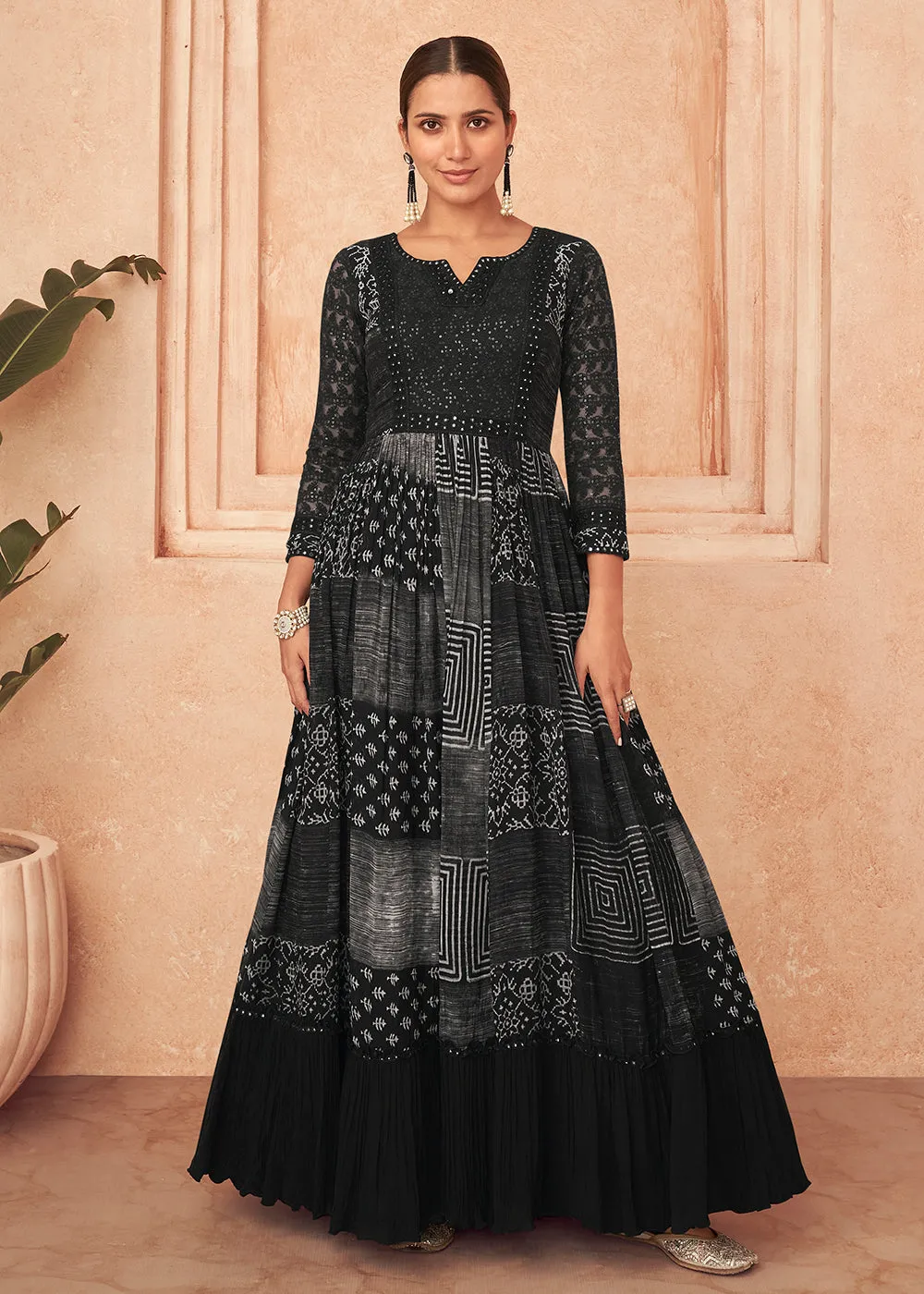 Inventive Black Georgette Embroidered Wedding Wear Gown