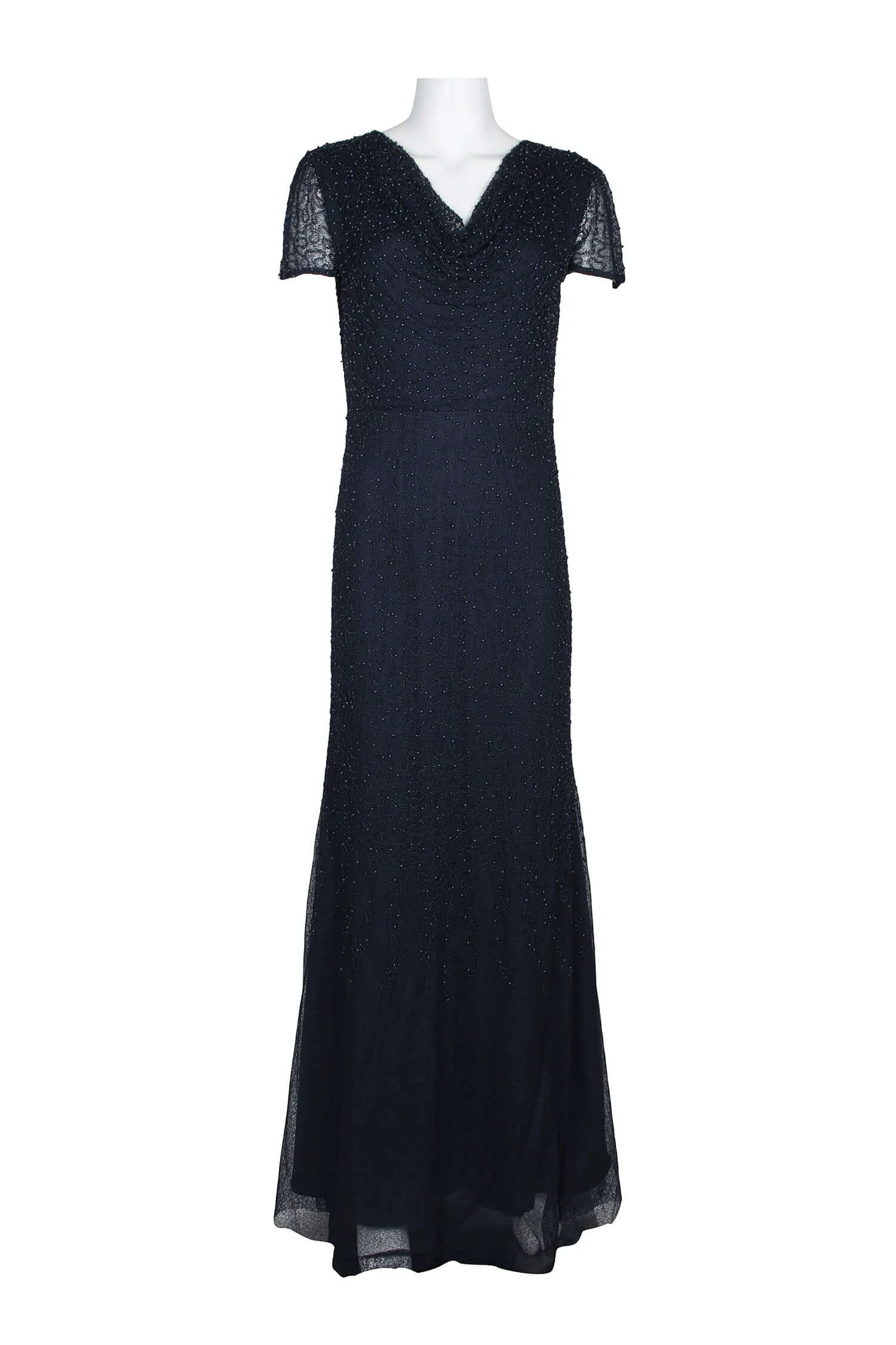 JS Collections Cowl Neck Short Sleeve Zipper Back Embellished Mesh Gown