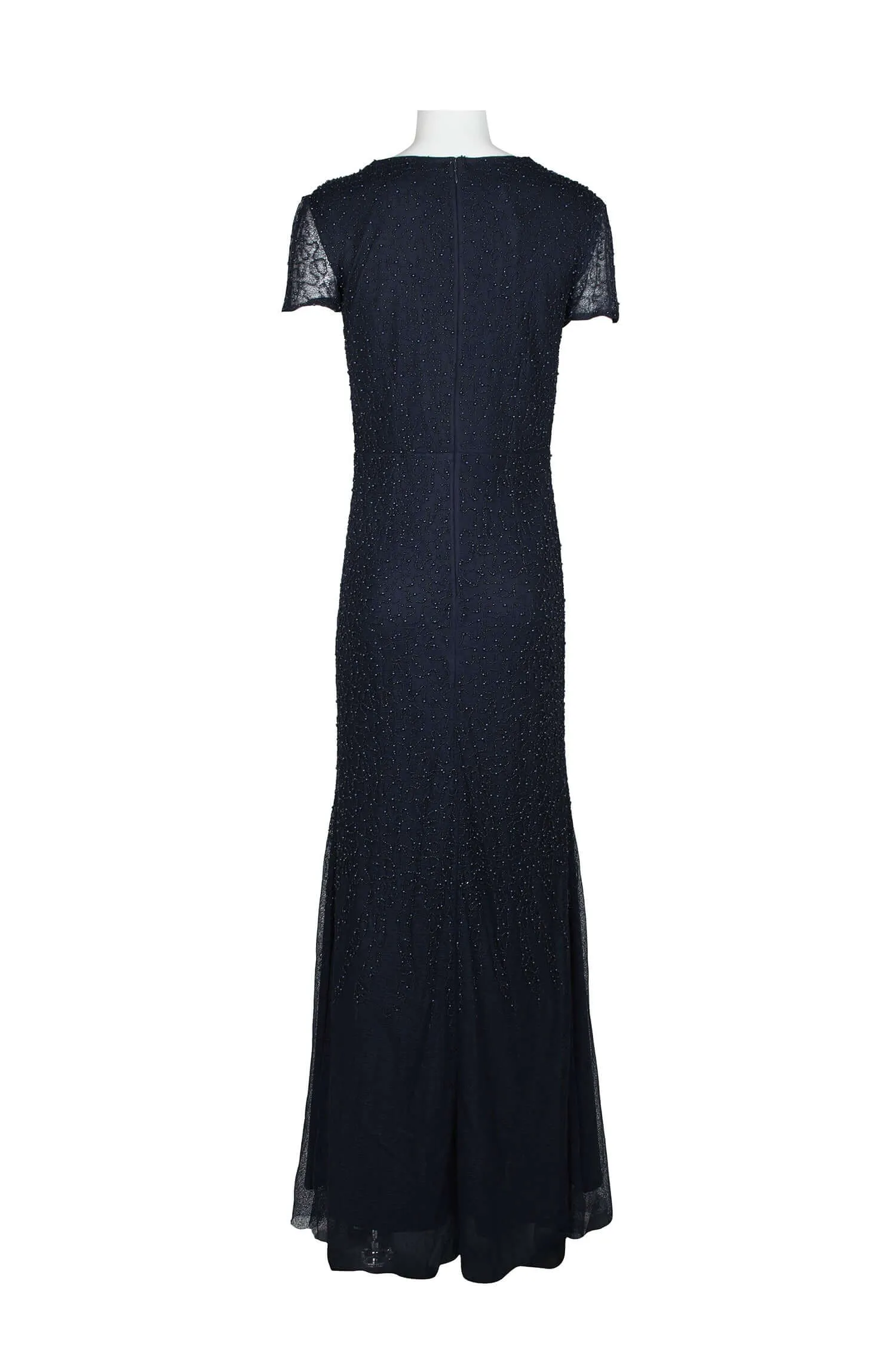 JS Collections Cowl Neck Short Sleeve Zipper Back Embellished Mesh Gown