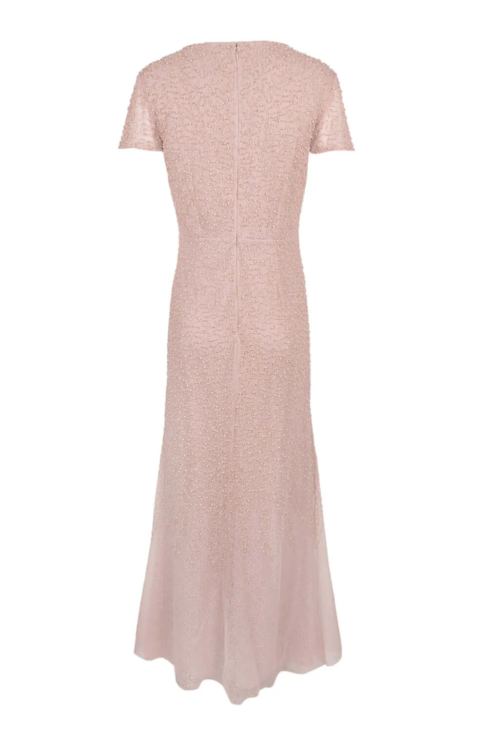 JS Collections Cowl Neck Short Sleeve Zipper Back Embellished Mesh Gown