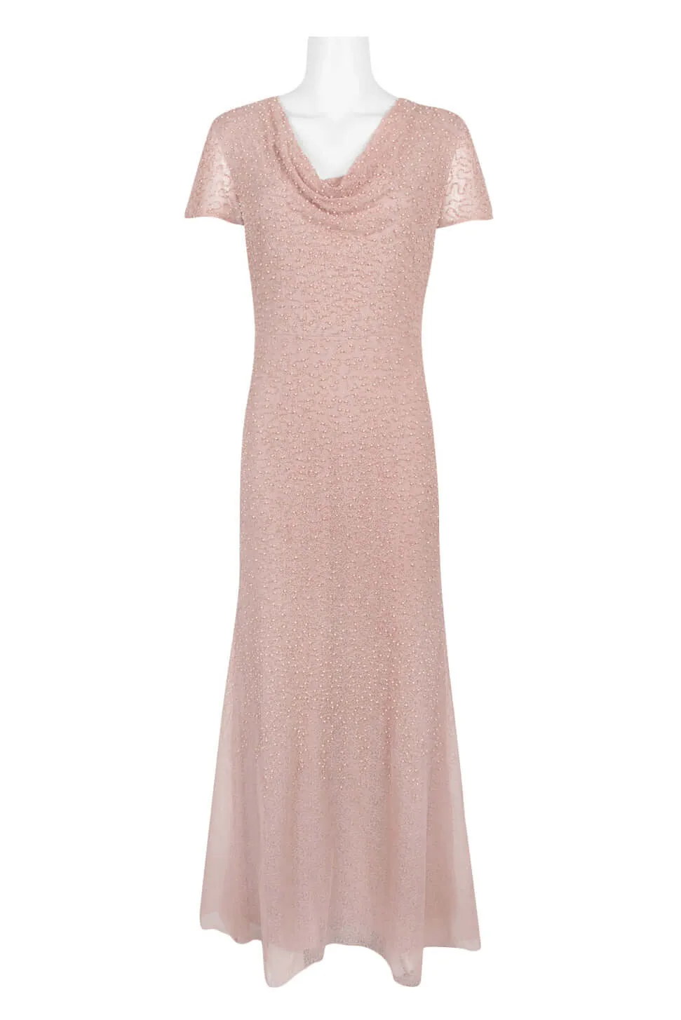 JS Collections Cowl Neck Short Sleeve Zipper Back Embellished Mesh Gown