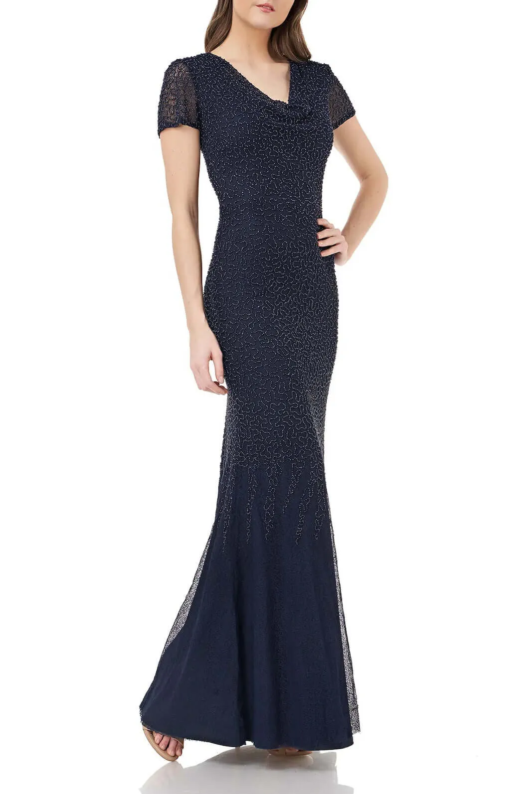 JS Collections Cowl Neck Short Sleeve Zipper Back Embellished Mesh Gown